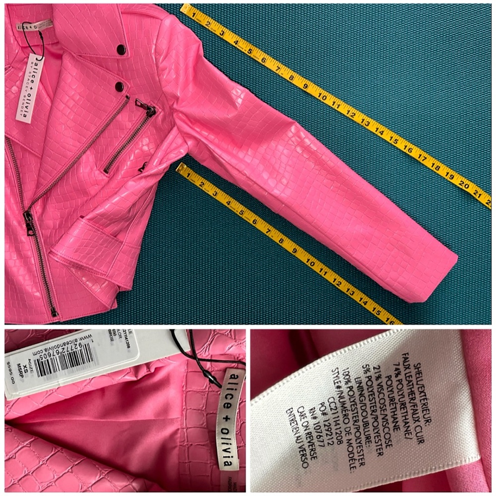 Alice + Olivia Cody Pink Vegan Leather Croc Moto Jacket - Picture 15 of 16
